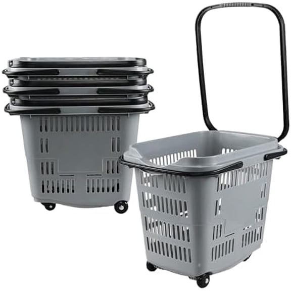 50 L Large Plastic Shopping Basket with Wheels, 4 Pack Plastic Rolling Shopping Basket with Wheels and Handle, Gray$$Tools & Hardware Other