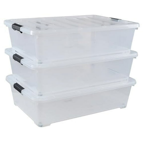 50 L Large Plastic Storage Underbed Container, 3-Pack Clear Under Bed Storage Bins with Wheels