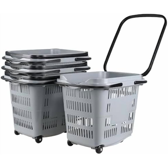 50 L Large Rolling Shopping Basket, 4 Pcs Plastic Shopping Baskets with Wheels, Portable Basket for Supermarket, Retail (Grey)$$Tools & Hardware Other
