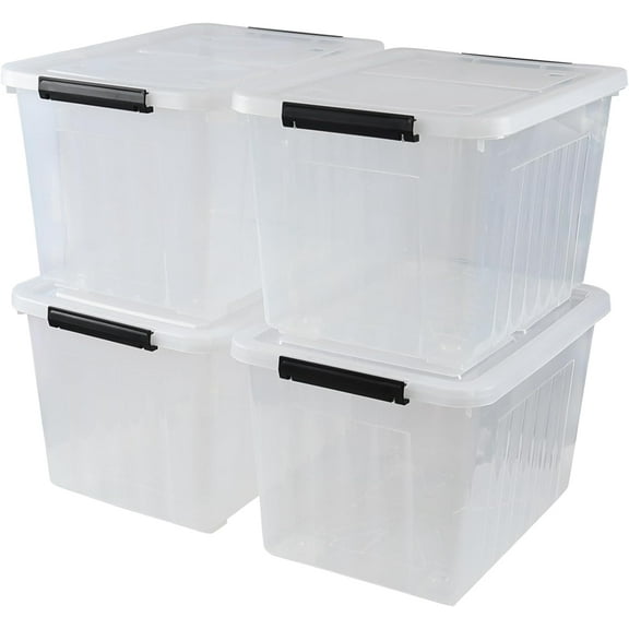 50 L Plastic Lidded Storage Bin, 4 Pack Clear Latching Storage Box with Wheels