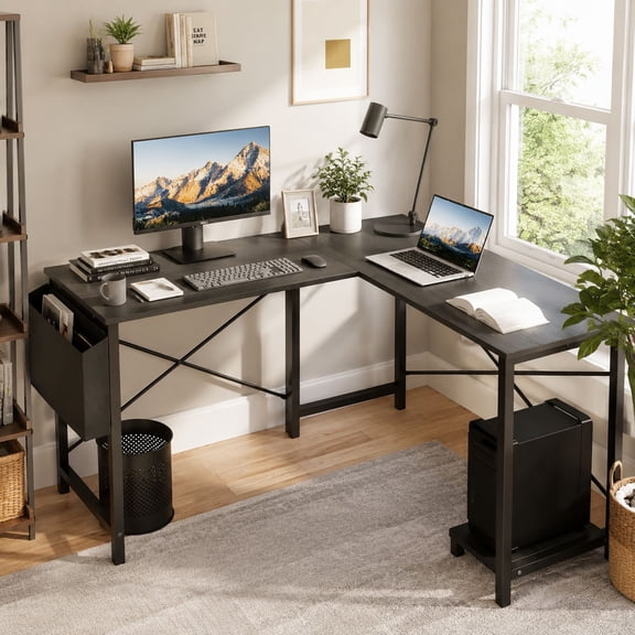 50" L-Shaped Corner Computer Desk, Gaming/Writing PC Wooden Table with CPU Storage Shelf & Side Bag for Office