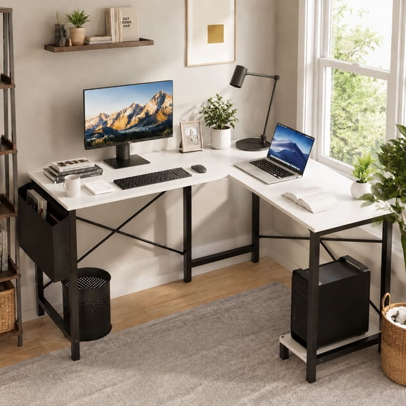 50" L-Shaped Corner Computer Desk, Gaming/Writing PC Wooden Table with CPU Storage Shelf & Side Bag for Office