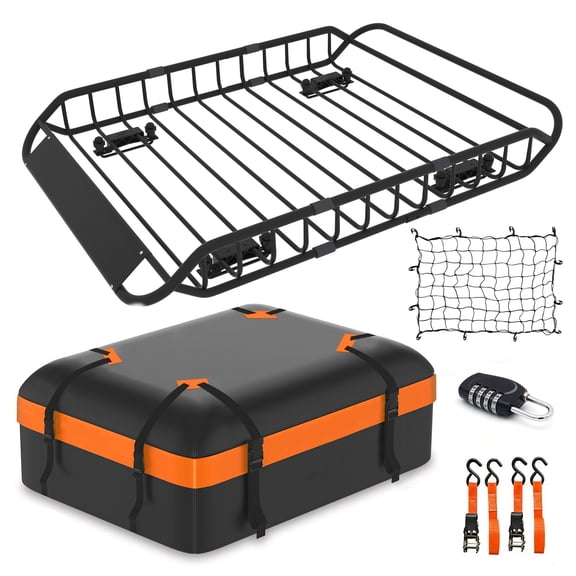 50"(L) x 36"(W) x 5.1"(H)Universal Roof Racks Cargo Basket Extendable Rooftop Luggage Carrier for Truck Cars SUV with Waterproof Cargo Bag, Cargo Net, Ratchet Straps & Outdoor Combination Lock