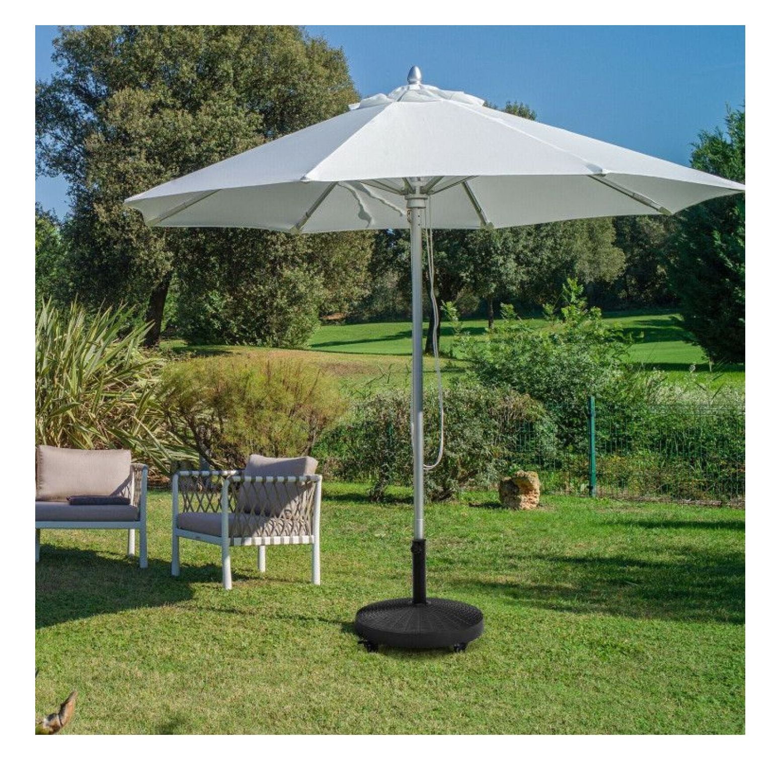 50 LBS Umbrella Base, Patio Resin Wicker Stand with Wheels - Heavy Duty Outdoor Umbrella Holder for Backyard, Poolside, 1.5"/1.9" Pole