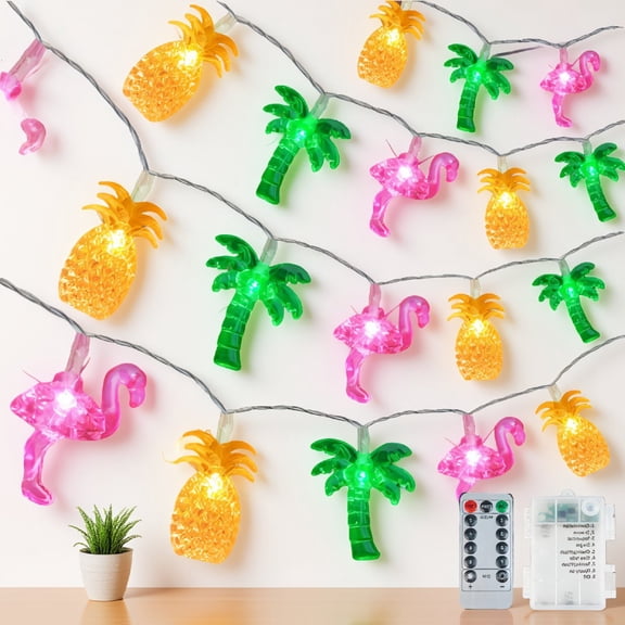 50 LED 25ft Hawaiian Beach String Lights Operated with Remote, 8 Modes & Timer, Flamingo Pineapple Tree Fairy Lights for Tropical Party Outdoor