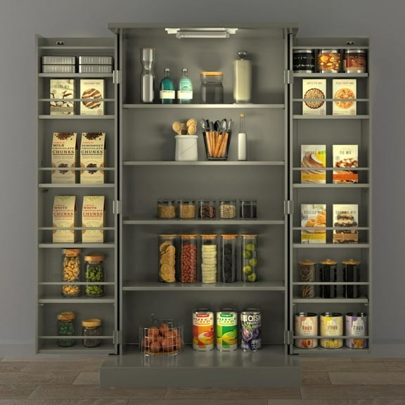 50" LED Kitchen Pantry Cabinet Grey Storage Cabinet Food Pantry with Doors and Adjustable Shelves Freestanding Buffet Cupboards Sideboard for Kitchen Living Room and Dinning Room
