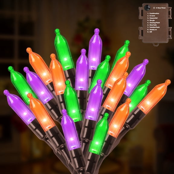 50 LED Orange-Purple-Green Halloween String Lights - 16FT Mini Outdoor Lights with 9 Modes & 6H Timer, Waterproof Battery Operated for Indoor/Outdoor Patio, Garden, Party, Tree Decor