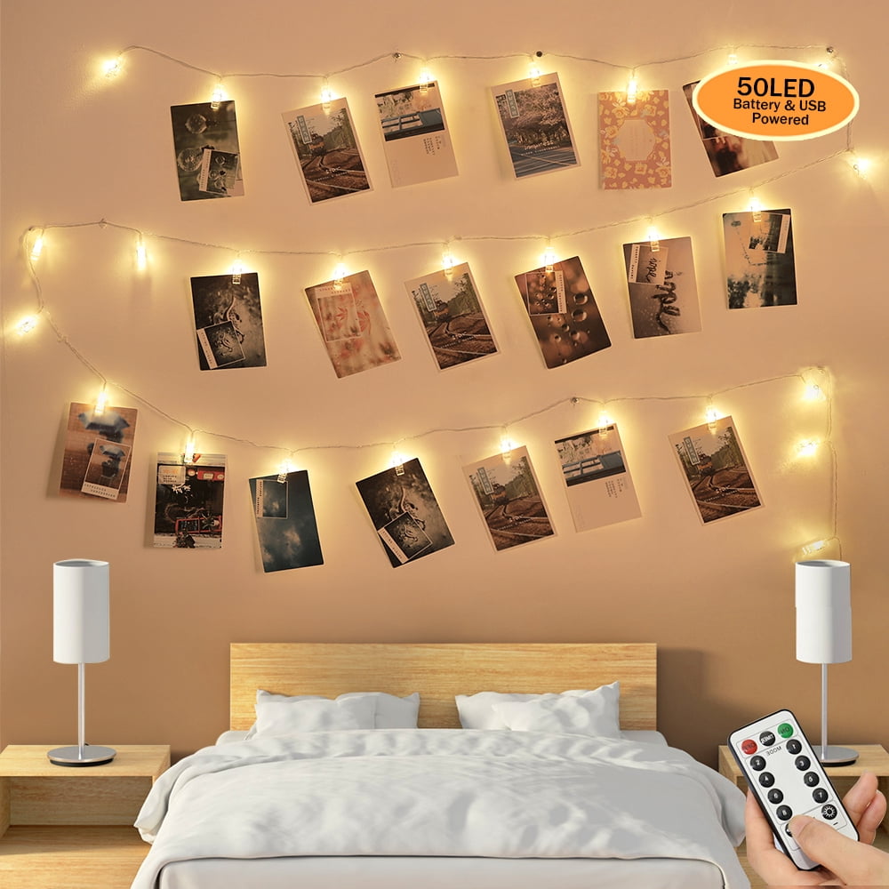 50 LED Photo Clip String Lights with Remote, USB & Battery Powered Fairy Lights with 8 Modes, Warm White Photo String Lights for Bedroom Wall Decor