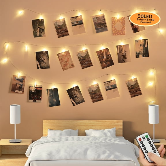 50 LED Photo Clip String Lights with Remote, USB & Battery Powered Fairy Lights with 8 Modes, Warm White Photo String Lights for Bedroom Wall Decor