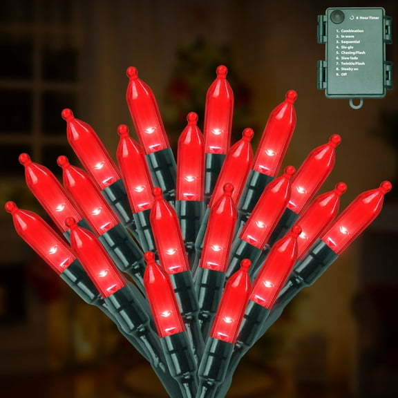 50 LED Red String Lights - 16FT Mini Outdoor Christmas Lights with 9 Modes & 6H Timer, Waterproof Battery Operated for Indoor/Outdoor Patio, Garden, Party, Tree, Valentine's Day Decor