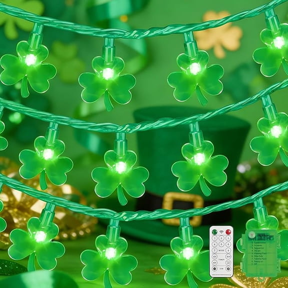 50 LED Shamrock String Lights, 16ft Clear Green Wire with Shell Design, Waterproof Battery Box, Remote Control, 8 Lighting Modes, Indoor & Outdoor Use