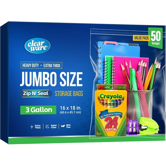 50 Large Plastic Bags With Zipper Top - 3 Gallon Bags 16" x 18", Extra Large Storage Bags for Clothes, Travel, Moving, Reusable freezer bags, BPA-Free, 2-mil Thick