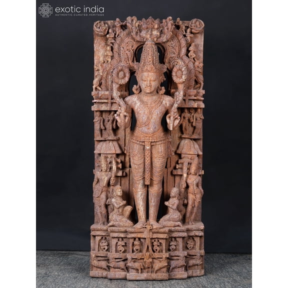 50" Large Standing Lord Surya Narayan Holding Two Lotuses | Khondalite Stone Sculpture | Made In Orissa