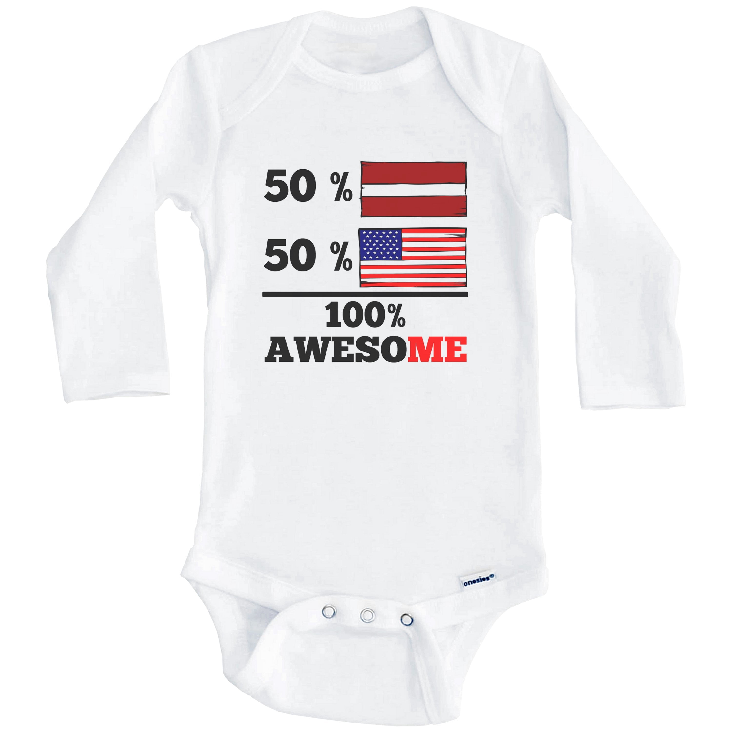 50% Latvian 50% American 100% Awesome Funny Latvia Flag One Piece Baby Bodysuit (Long Sleeve), 6-9 Months White