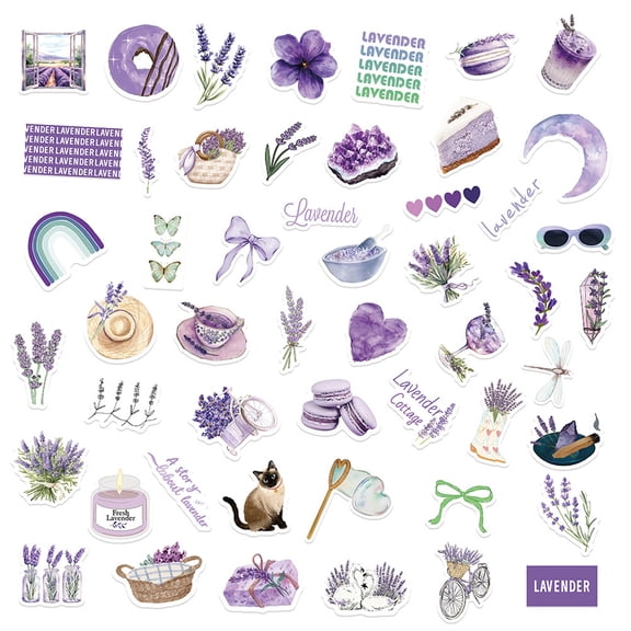 50 Lavender Stickers Set for Girls' Journals, Notebooks, Phone Cases, Water Bottles, Scrapbooking, Decorative Vinyl Stickers for DIY Crafting and Personalization,A