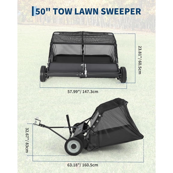 50" Lawn Sweeper Tow Behind, 28 Cu.Ft Capacity Pull Behind Yard Sweeper Large Leaf Collector, Leaf & Grass Catcher with Adjustable Brush Height & Dump from Seat Handle for Yard, Farm, Garden