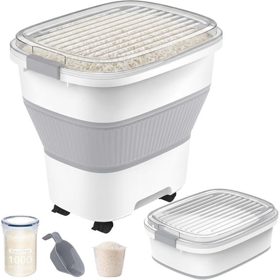 50 Lbs Rice Storage Container with Wheels, Collapsible Airtight Rice Holder with Transparent Lid, Measuring Cup, Scoop, Handle, BPA Free Food Storage Container for Pet Food, Grain, Bird Seed