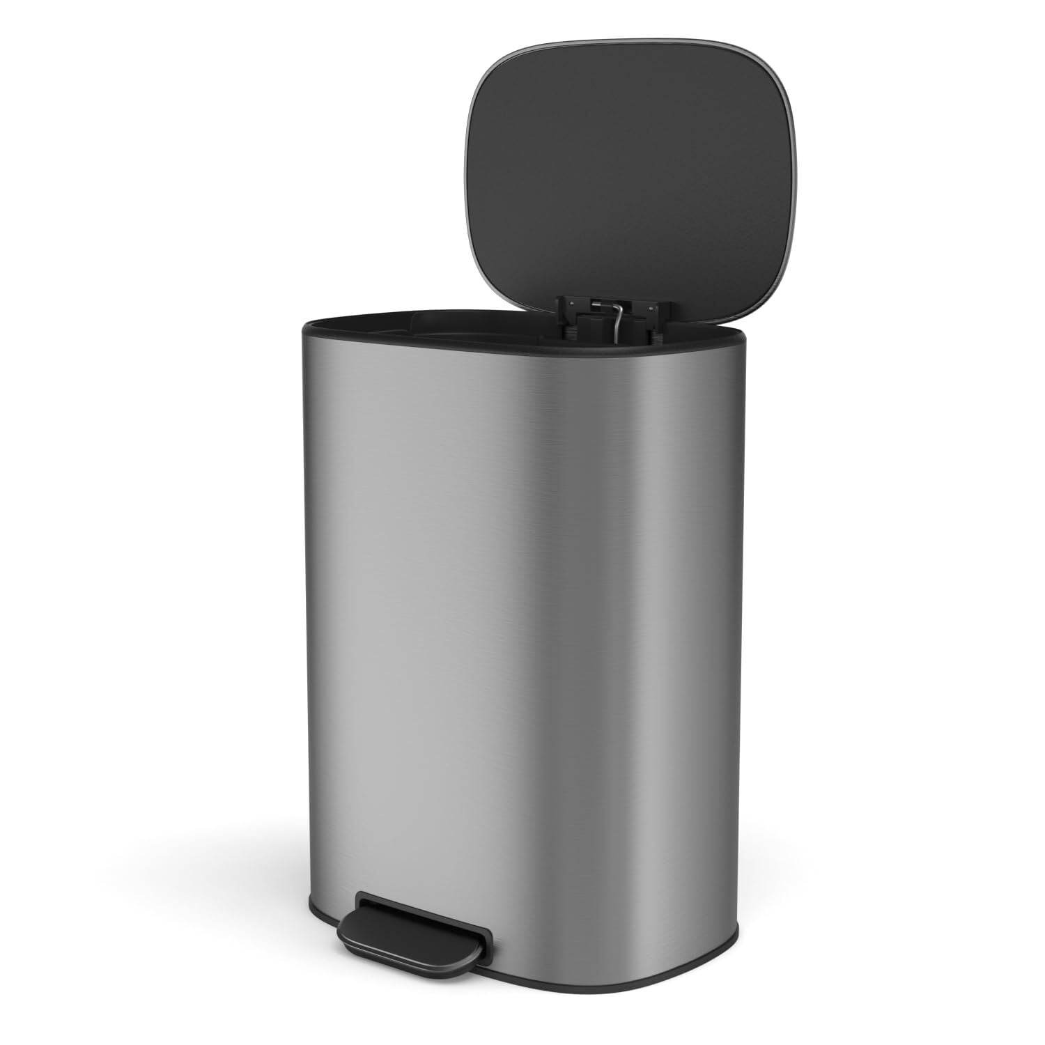 50 Liter/13.2 Gallon Step Trash Can with Inner Liner, Oval Garbage Can with Soft Close Quiet Lid, with 30 Garbage Bags for Kitchen/Home/Office and More - Stainless Steel Thickened Body （Silver Gray）