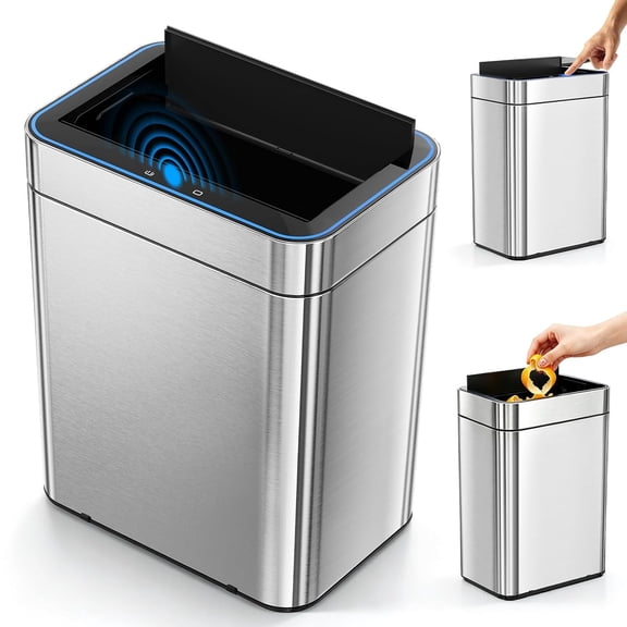 50 Liter/13.2 Gallon Trash Can Touchless Rectangular Motion Sensor Waste Bin with Lid, Soft-Close, Stainless Steel Finish, Fits Any Kitchen, Office or Home