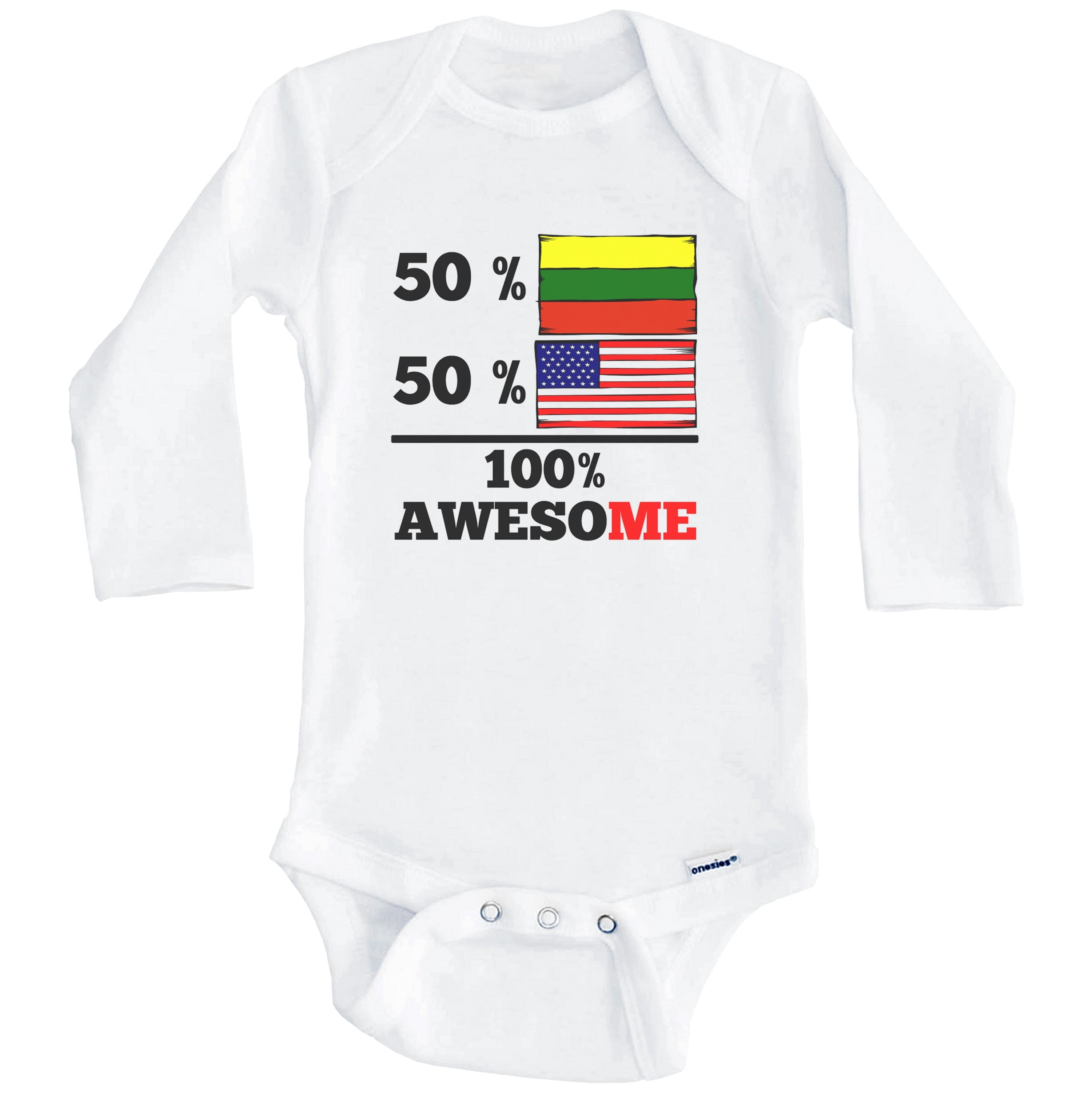 50% Lithuanian 50% American 100% Awesome Funny Lithuania Flag One Piece Baby Bodysuit (Long Sleeve), 0-3 Months White