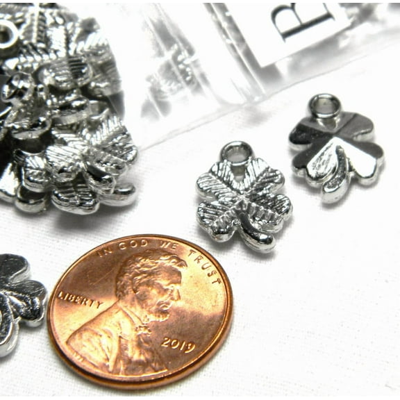 50 Little 5/8 inch Silver Shamrock 4 Leaf Clover Small Plastic Acrylic St. Patrick's Day Charms/Pendants with 1.5mm Hole for Hanging