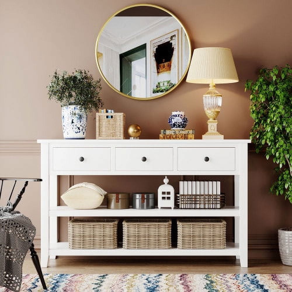 50" Long Vintage Entry Console Table with 3 Drawers, 2 Open Shelves and ...
