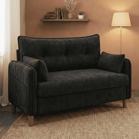 50" Loveseat Couch with Tufted Design | Space-Saving Love Seat Sofa for Small Spaces, Bedroom, and Apartment | Black