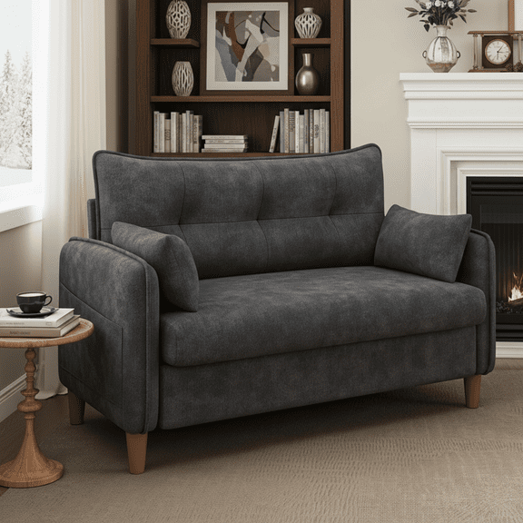 50" Loveseat Couch with Tufted Design | Space-Saving Love Seat Sofa for Small Spaces, Bedroom, and Apartment | Dark Grey