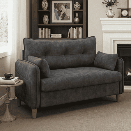 50" Loveseat Couch with Tufted Design, Space-Saving Love Seat Sofa for Small Spaces Living Room Bedroom Home and Apartment, Dark Grey