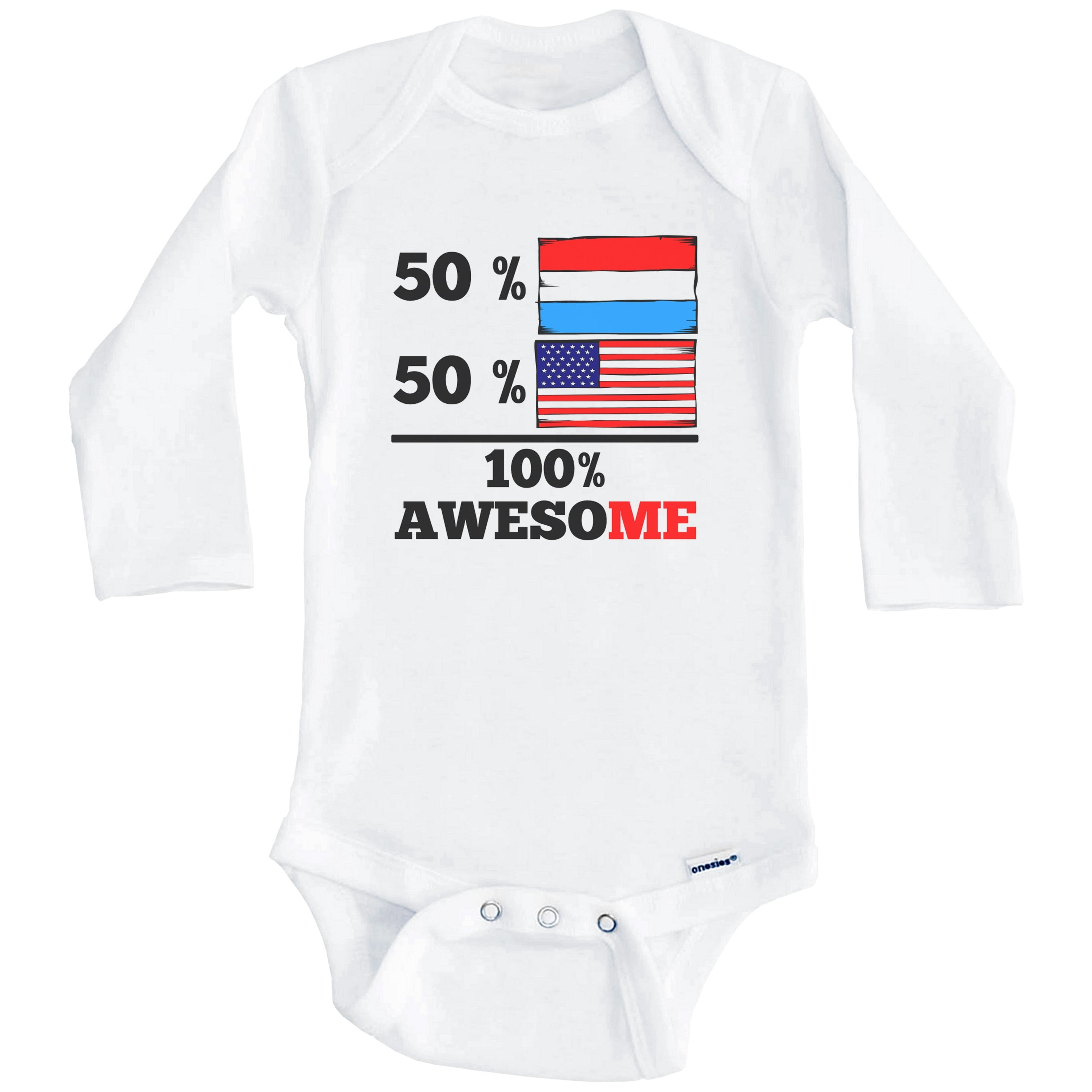 50% Luxembourgish 50% American 100% Awesome Funny Luxembourg Flag One Piece Baby Bodysuit (Long Sleeve), 0-3 Months White