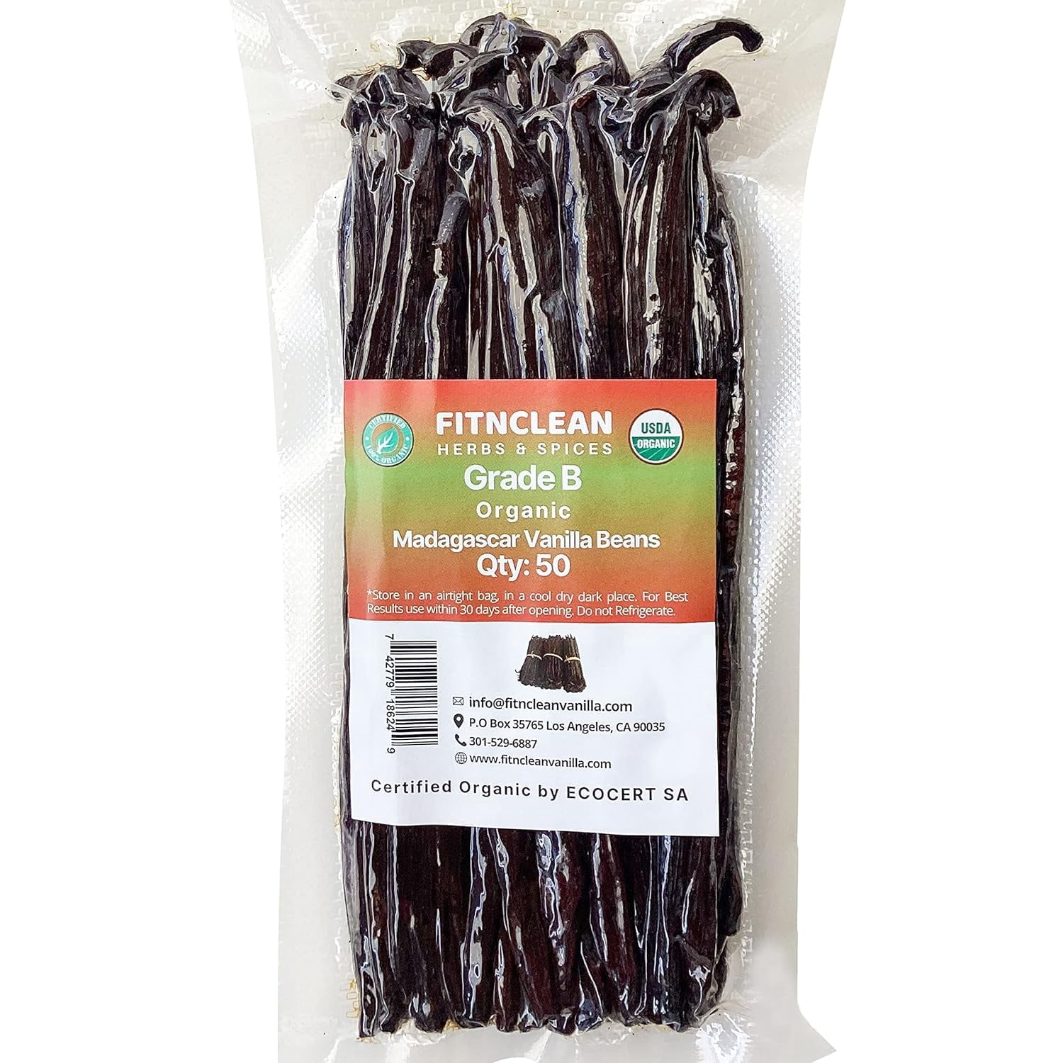 50 Madagascar Organic Vanilla Beans Grade B. Certified USDA Organic. 5"-7" by FITNCLEAN VANILLA for extract, Cooking and Baking. Whole NON-GMO Bourbon Pods