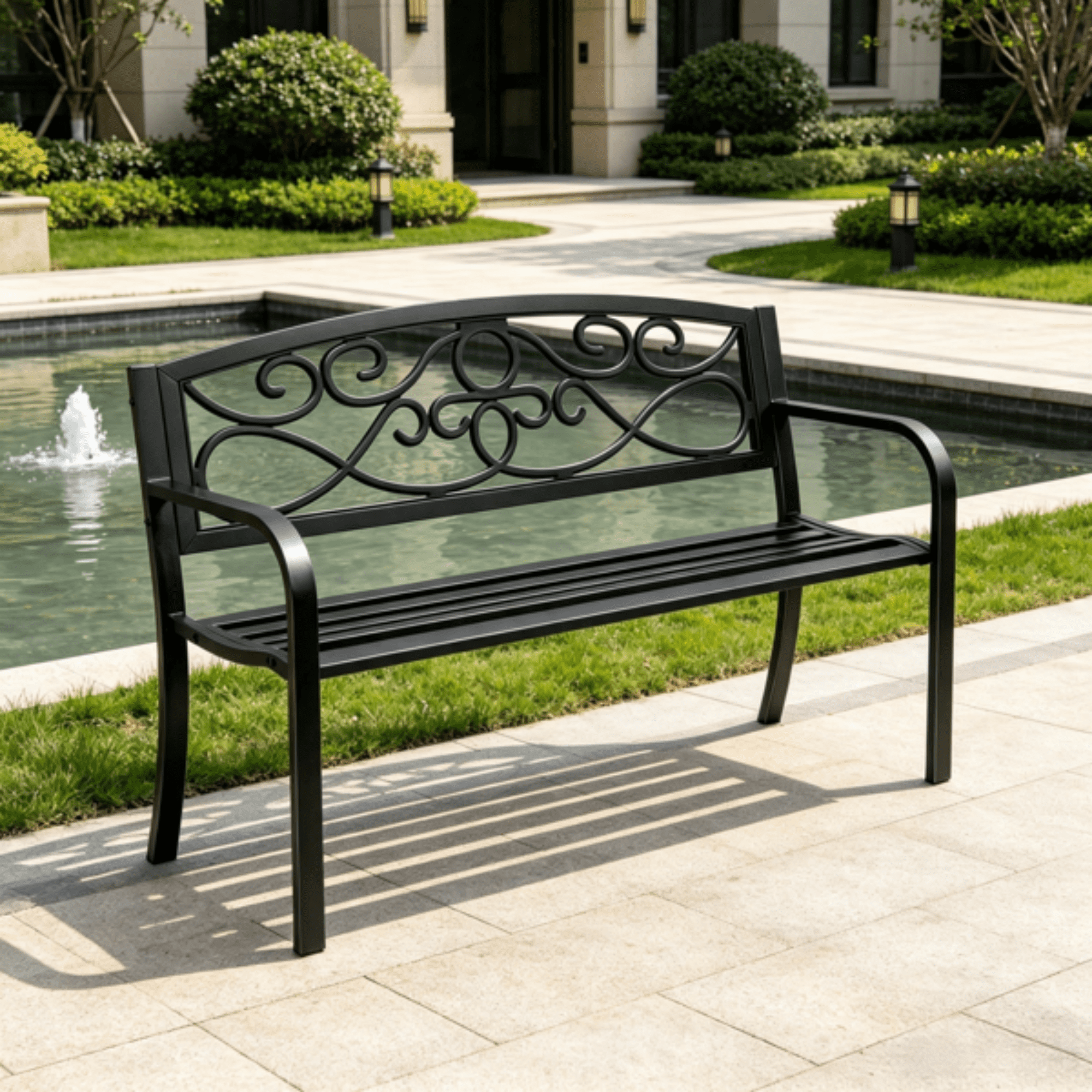 50" Metal Outdoor Bench with Backrest & Armrests, 550 lbs Load Capacity, for Garden, Patio & Front Porch
