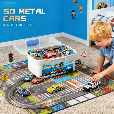 50 Metal Toy Cars with Organizer Box: Variety of Race, Police & Fire Cars for Childrens Play