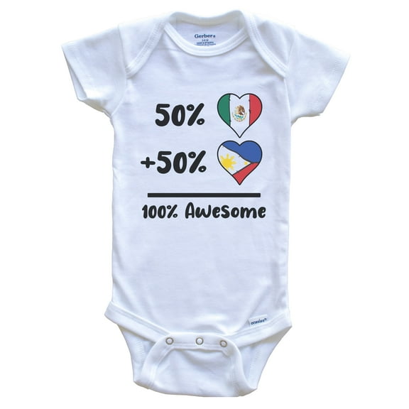 50% Mexican Plus 50% Filipino 100% Awesome Mexico Philippines Heart Flags Baby Bodysuit, 0-3 months white