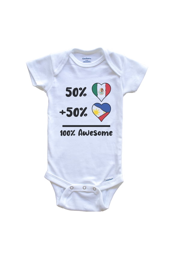 50% Mexican Plus 50% Filipino 100% Awesome Mexico Philippines Heart Flags Baby Bodysuit, 6-9 months white