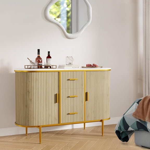 50" Mid Century Buffet Cabinet with Faux Marble Top, Fluted Coffee Bar Accent Cabinet with Curved Sliding Doors