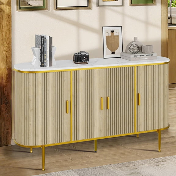 50" Modern Fluted Buffet Cabinet – Faux Marble Top, Curved Sliding Doors – Mid Century Coffee Bar Console for Kitchen, Living Room & Entryway