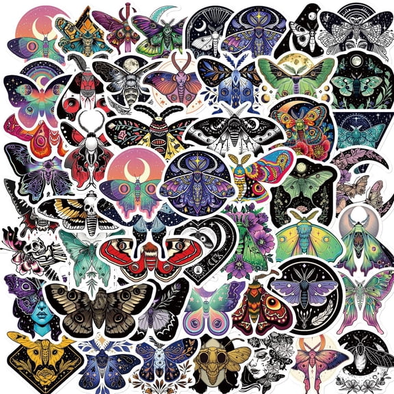50 Moth Stickers, Colorful Gothic Moth Vinyl Decals for Laptops, Water Bottles, Journals, Scrapbooks, Phones & DIY Crafts