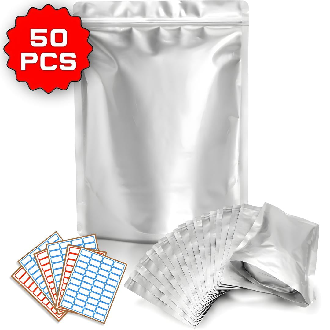 50 Mylar Bags 1 QUART - Thick 7.4 Mil - 7"x10" Airtight Vacuum Sealing Sealable Mylar Bags for Long Term Food Storage - Odor Free Heat Resistant - Light and Moisture Proof Fresh Saver Packs