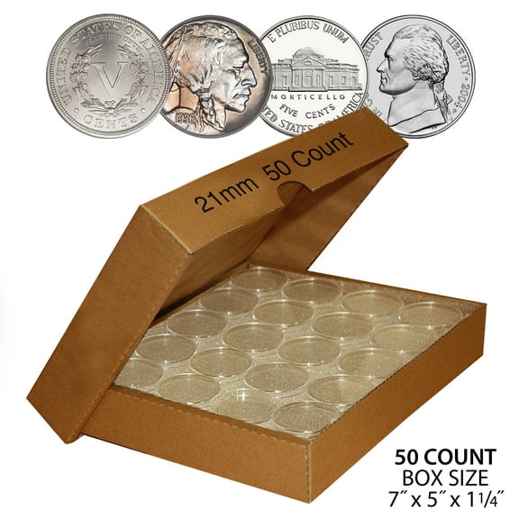 50 NICKEL Direct-Fit Airtight 21mm Coin Capsule Holder NICKELS (QTY: 50) w/ BOX