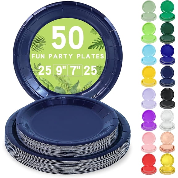 50 Navy Blue Paper Plates Disposable Set Includes 25-9" & 25-7" Disposable Birthday Cake Dessert Paper Plates For Party Supplies
