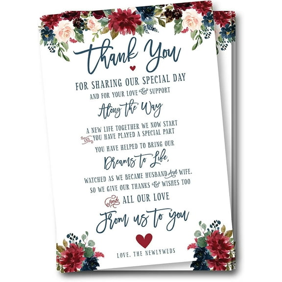 50 Navy Burgundy Floral Wedding Thank You Cards – Reception Table Place Setting Decorations – Elegant Guest Appreciation Cards for Weddings, Bridal Showers, Engagement Parties