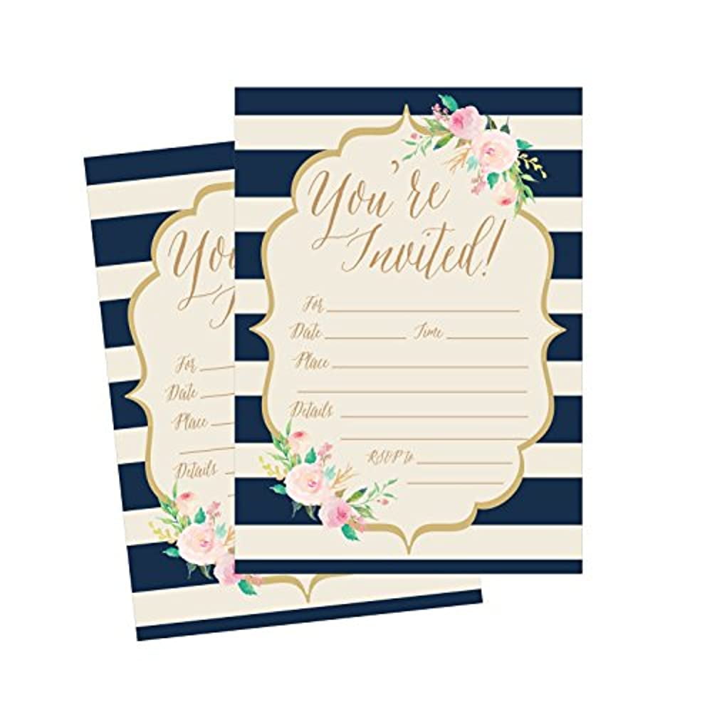 50 Navy Invitations, Bridal Shower Invite, Baby Shower Invitations, Wedding, Rehearsal Dinner Invites, Engagement, Bachelorette Party, Reception Party, Anniversary, Housewarming, Graduation, Sweet 16