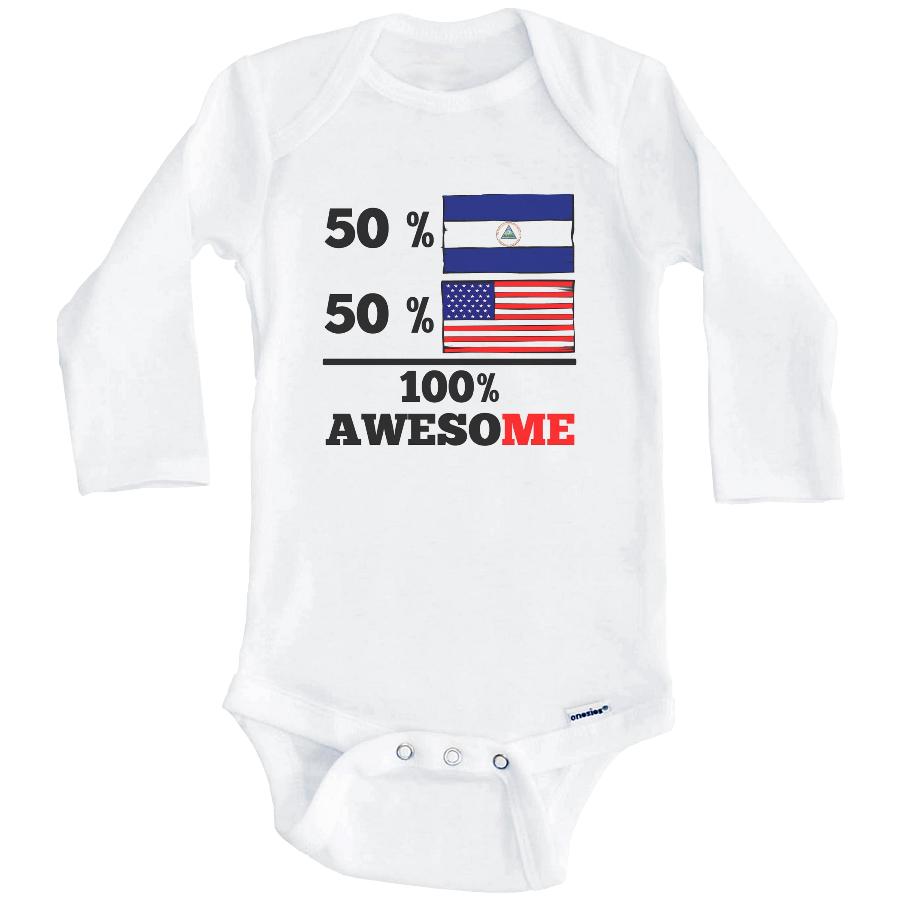 50% Nicaraguan 50% American 100% Awesome Funny Nicaragua Flag One Piece Baby Bodysuit (Long Sleeve), 0-3 Months White