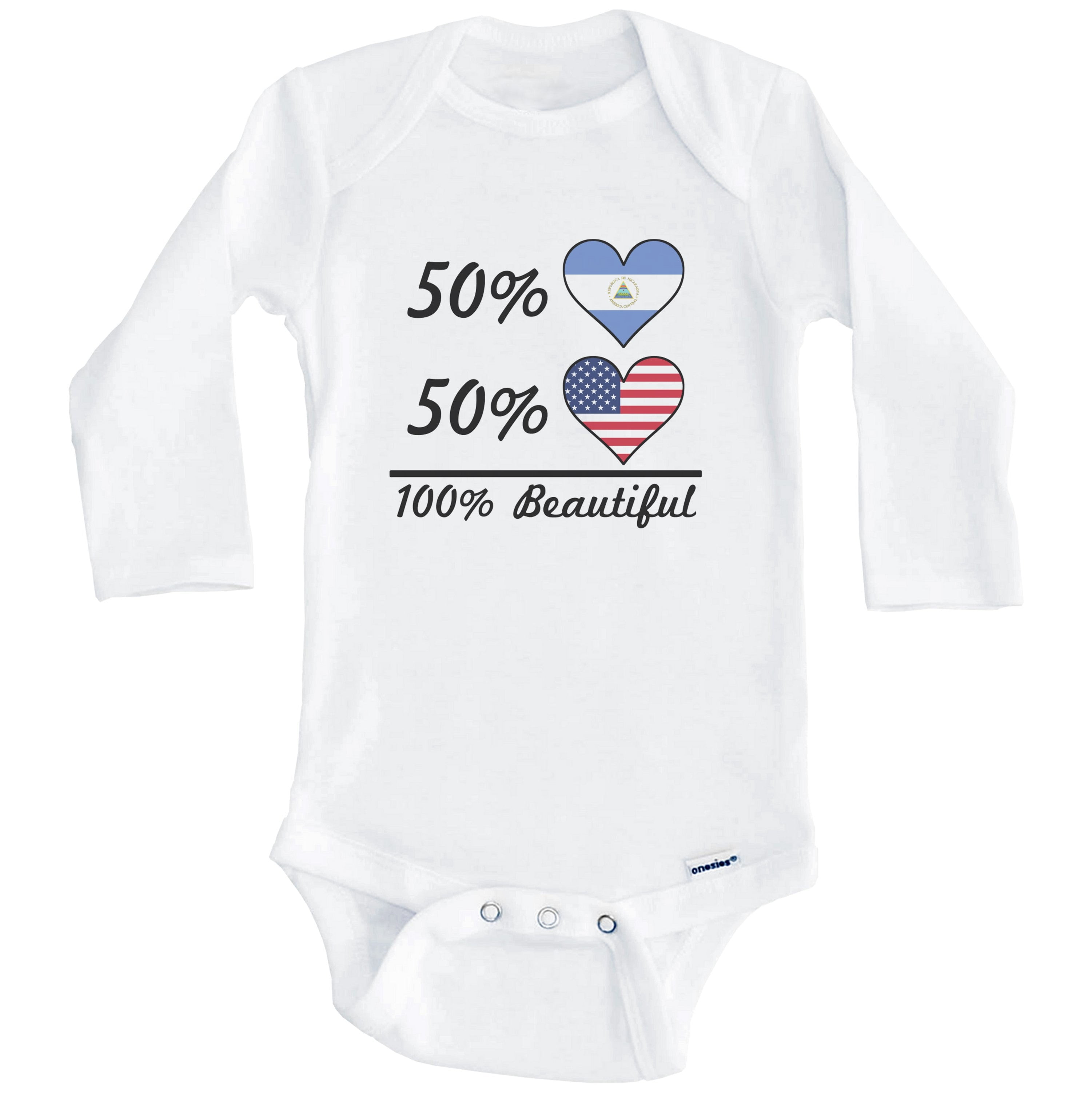 50% Nicaraguan 50% American 100% Beautiful Nicaragua Flag Heart One Piece Baby Bodysuit (Long Sleeve), 0-3 Months White