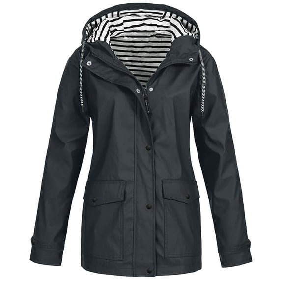 JSGEK Women's Waterproof Rain Jacket Solid Color Lightweight Outdoor Hooded Raincoat for Hiking Travel Outdoor Black S