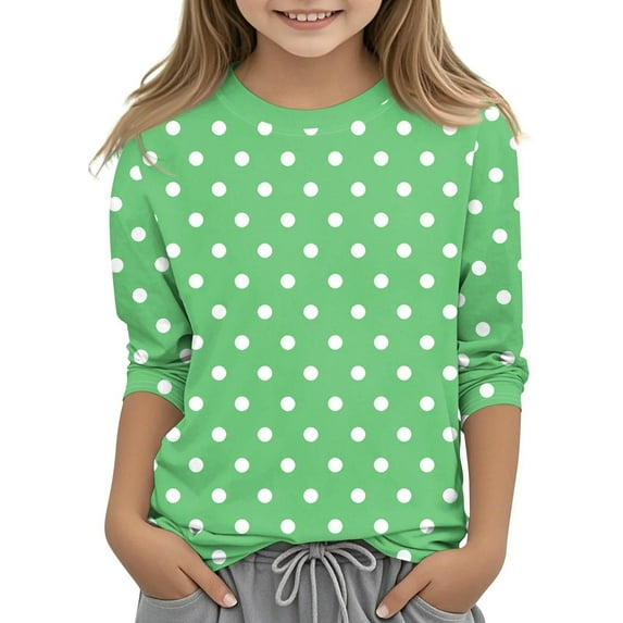 50% Off Clear! 3-12Years Boys And Girls Casual Polka Print 3/4 Sleeve Round Neck Children's Tops Pullover Bottoming Shirt Green 3-4 Years