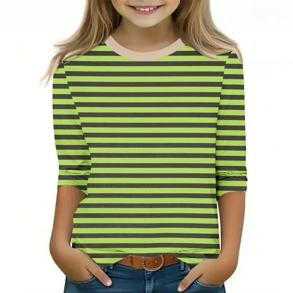 50% Off Clear! 3-12Years Boys Girls Casual Striped Printed 3/4 Sleeve Round Neck Children's Tops Pullover Bottom Shirt Army Green 3 Years