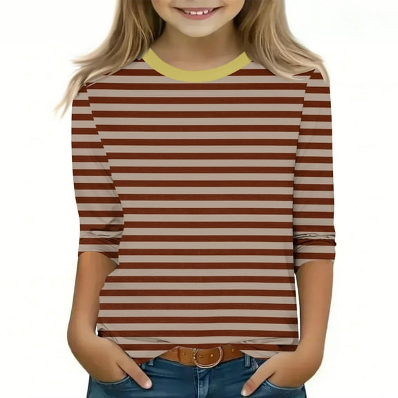 50% Off Clear! 3-12Years Boys Girls Casual Striped Printed 3/4 Sleeve Round Neck Children's Tops Pullover Bottom Shirt Brown 3 Years