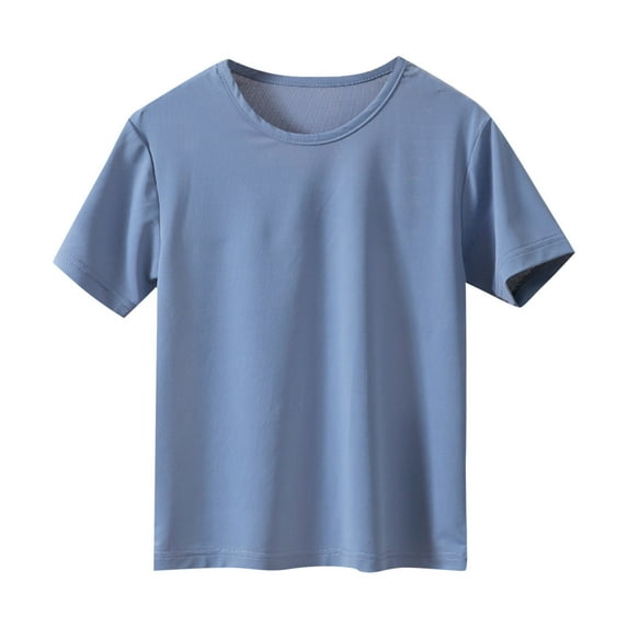 50% Off Clear! 3-16Years Children's Summer Solid Color Recreational Sports Short Sleeve Round-Neck Blouses For Kids Blue